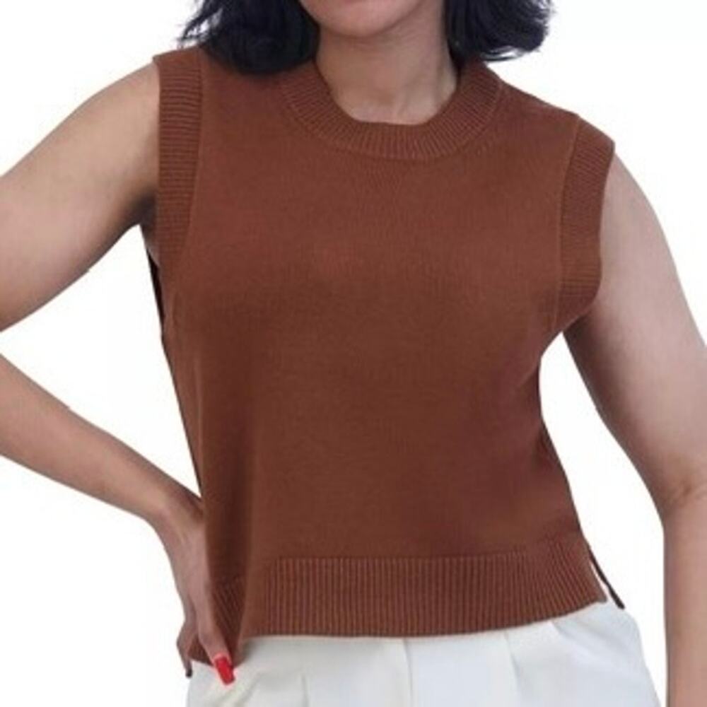 French Connection Millia Brown Knit Crew Neck Sleeveless Sweater Vest Size M